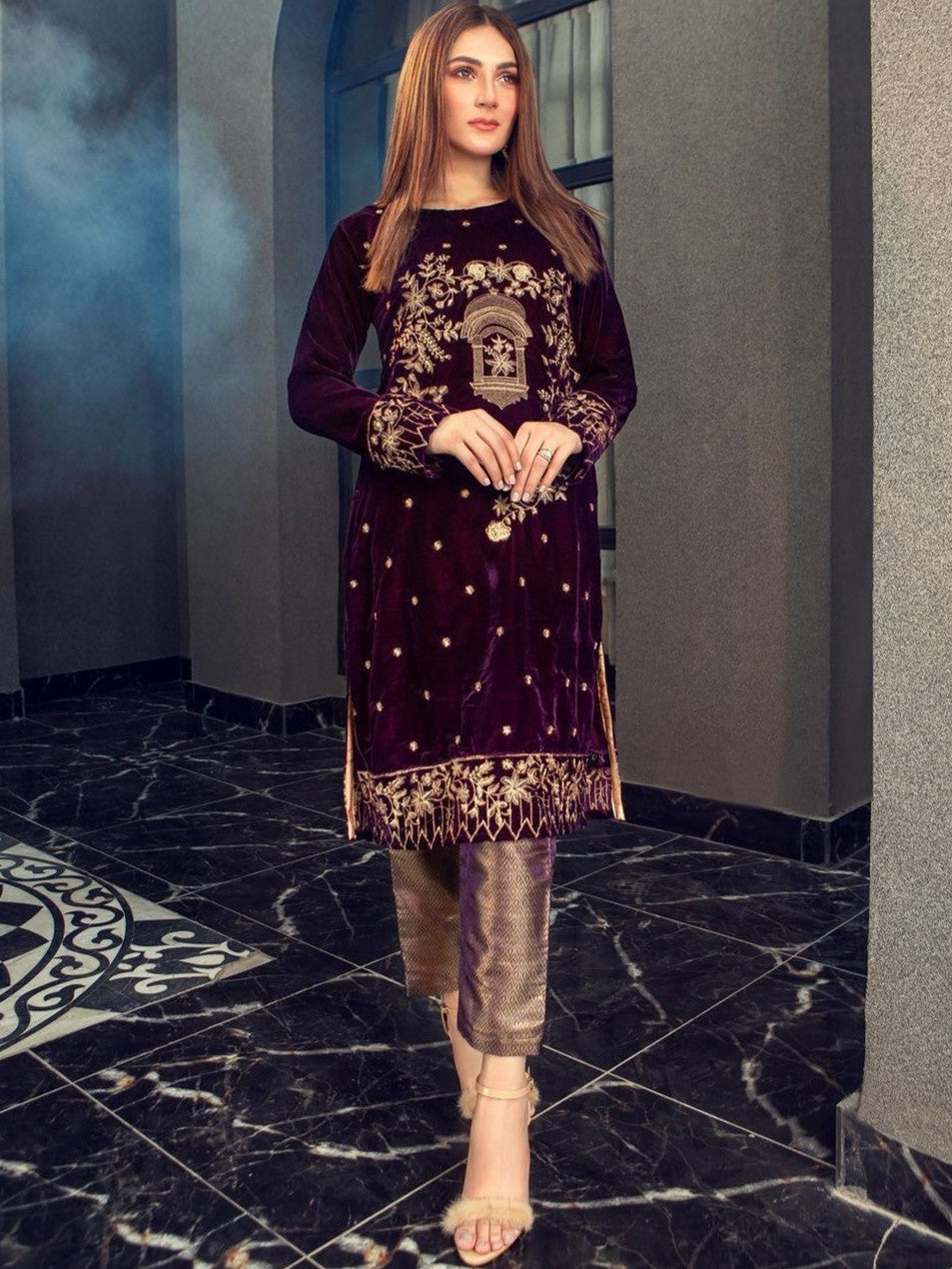 Azure Velvet Embroidered 3 Piece | AZ100