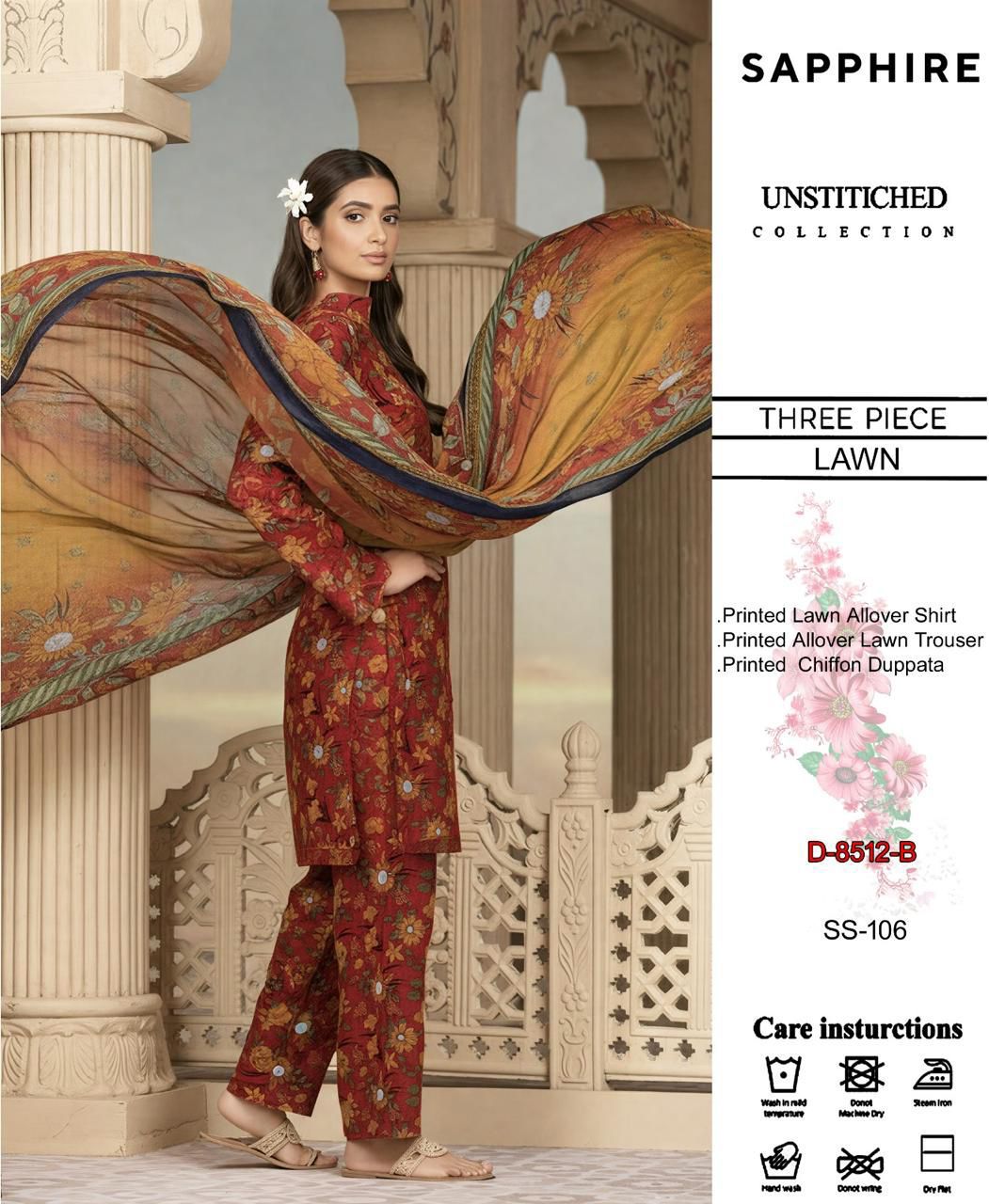 3 PC Digital Printed Lawn & Chiffon Dupatta | PL119