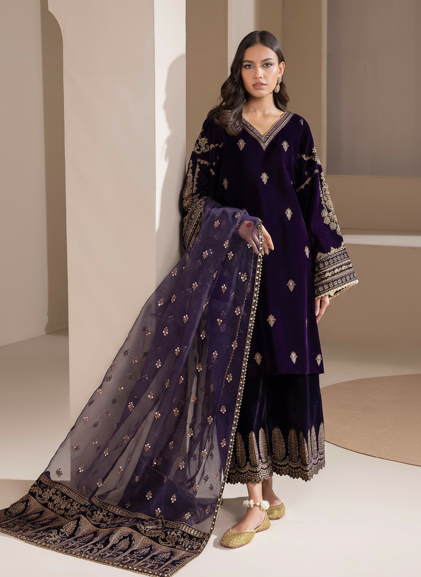 Baroque Velvet Embroidered 3 Piece | BQ129